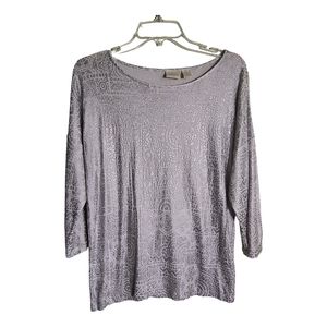Chico's Silver white  Long sleeve medallon print stretch knit pullover top sz M